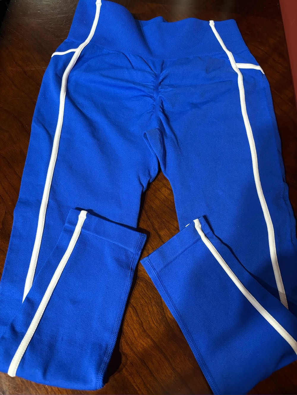 Woman’s Blue Athletic Leggings with White Trim